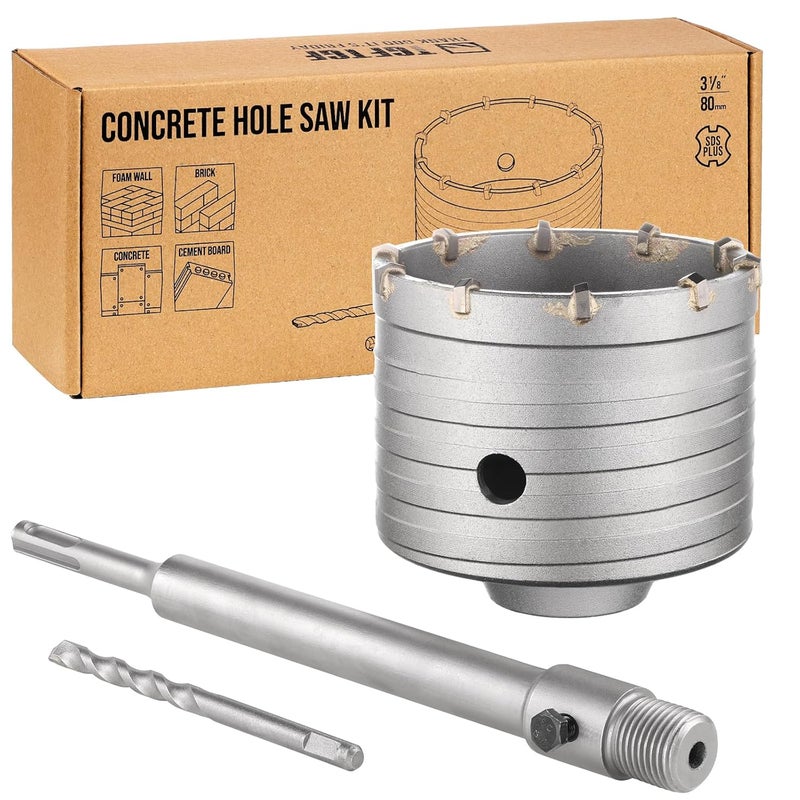 TGFTGF 80mm Concrete Hole Saw Kit, Tungsten Carbide Masonry Hole Saw Kit with 250mm SDS Plus Bit Shank Drill Bit Sets for Concrete, Brick, Stone, Cement, Tile, Wall Drilling - Image 1